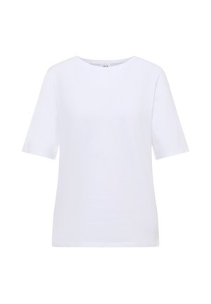 T-shirt blanc à manches courtes avec un col rond et un ourlet droit, présenté sur un fond blanc uni.