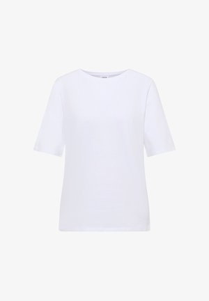T-shirt blanc à manches courtes avec un col rond et un ourlet droit, présenté sur un fond blanc uni.