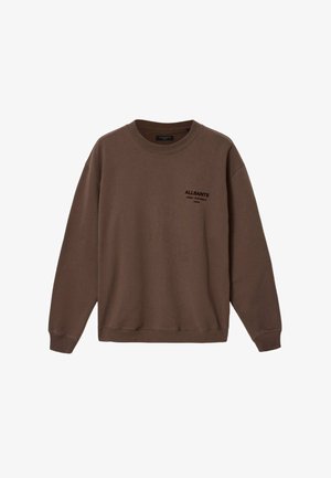 Felpa marrone a maniche lunghe con scollo a girocollo e piccolo logo e testo nero "ALLSAINTS" sul petto a sinistra.