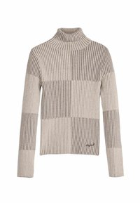 Beżowy prążkowany sweter z golfem z przemiennymi szerokimi jasnymi i ciemnymi paskami, z subtelnym logo wyszytym na dole.
