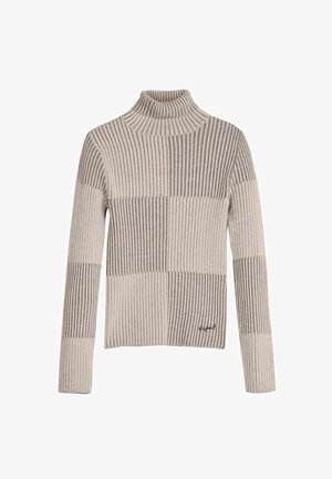 Beiger, gerippter Rollkragenpullover mit abwechselnd breiten hellen und dunklen Streifen, versehen mit einem dezenten, am Saum eingestickten Logo.