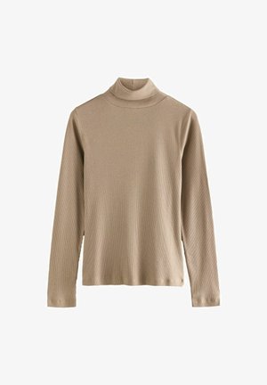 Beżowy sweter z długim rękawem i kołnierzem typu golf wykonanego z materiału o prążkowanej fakturze. Posiada dopasowany kołnierz oraz prosty dół. Brak widocznych wzorów lub akcentów.