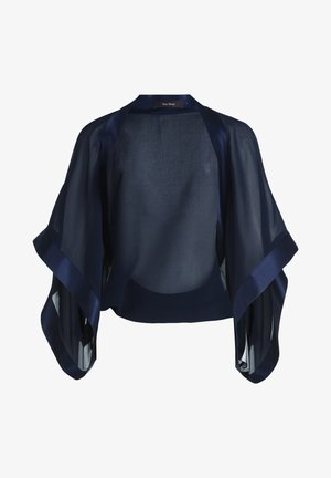 Kimono bleu marine transparent avec manches fluides, accents en satin et une texture subtile. Présente une étiquette au niveau du col avec l'inscription "Vera Mont."