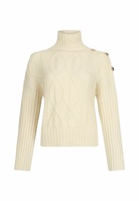 Maglione a collo alto color crema, con motivi a treccia, polsini e orlo a coste, e bottoni decorativi sulla spalla.
