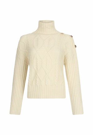 Kræmfarvet turtleneck sweater med kabelstrikmønstre, ribbede manchetter og kant samt dekorative knapper på skulderen.