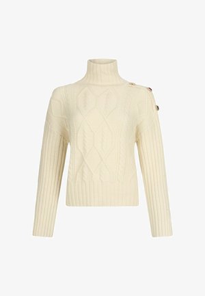 Pull à col roulé crème, avec des motifs en torsades, des poignets et un ourlet côtelés, et des boutons décoratifs à l'épaule.