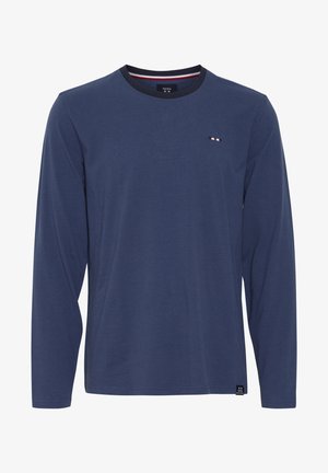 Tengerészeti kék, hosszú ujjú póló, kerek nyakkivágással. Puha pamutból készült, kis logóval és csíkozott részlettel a gallérnál. Egyszerű dizájn.