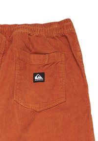 Shorts de pana en naranja quemado con cintura elástica, con un bolsillo trasero y un pequeño logotipo de la marca. Tejido texturizado con estrías verticales.