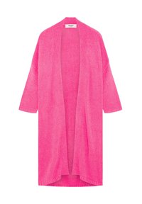 Heller pink offener Strickcardigan mit langen Ärmeln und gerippten Kanten, mit dem Etikett "SENSES" am Halsausschnitt.