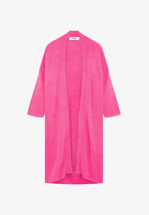 Bright pink open-front knitted cardigan with long sleeves and ribbed edges, labeled "SENSES" at the neckline.