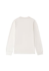 Langärmliges Crewneck-Shirt aus weichem weißen Stoff, mit glatter Textur und minimalistischer Gestaltung, mit umschlagbaren Ärmeln und ohne sichtbare Grafiken.
