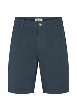 Navy blue men's casual shorts with button closure, belt loops, side pockets, and a small brand label on the waistband.
