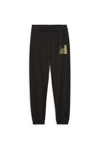 Pantalones de chándal negros con un ajuste entallado, cintura elástica, dos bolsillos laterales y un logo amarillo de Puma en la pierna izquierda. Textura de tela suave.