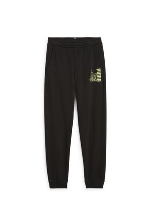 Pantalones de chándal negros con un ajuste entallado, cintura elástica, dos bolsillos laterales y un logo amarillo de Puma en la pierna izquierda. Textura de tela suave.