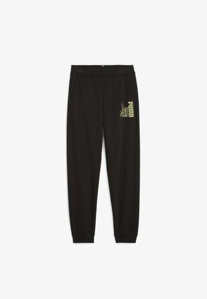 Pantalones de chándal negros con un ajuste entallado, cintura elástica, dos bolsillos laterales y un logo amarillo de Puma en la pierna izquierda. Textura de tela suave.