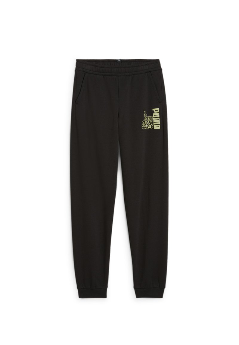Pantalones de chándal negros con un ajuste entallado, cintura elástica, dos bolsillos laterales y un logo amarillo de Puma en la pierna izquierda. Textura de tela suave.