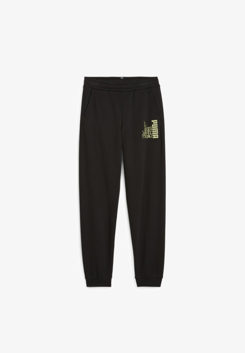 Pantalones de chándal negros con un ajuste entallado, cintura elástica, dos bolsillos laterales y un logo amarillo de Puma en la pierna izquierda. Textura de tela suave.