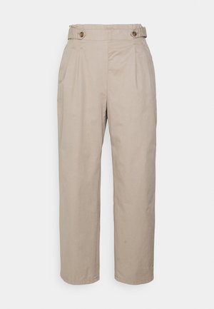 Beige cotton trousers with a high waist, featuring two front pleats and button detailing at the waistband. Straight leg design.