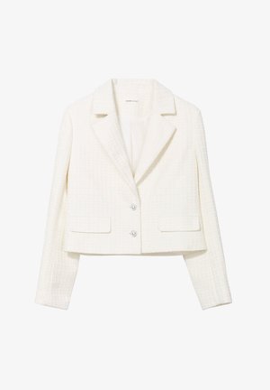 White cropped blazer made from textured fabric. Features a notched collar, front pockets, and silver button closures. Subtle geometric pattern.