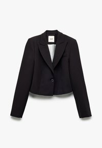 Zwarte cropped blazer met een uitstekend revers, één knoop aan de voorkant en een gladde stof. Bevat een subtiele borstzak en lange mouwen.