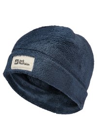 Marineblaue Fleece-Mütze mit weicher Textur, ausgestattet mit einem gestickten Logopatch auf weißem Hintergrund. Abgerundetes Design mit engem Sitz.