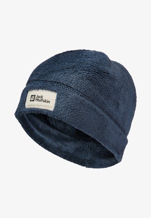 Navyblauwe fleece muts met een zachte textuur, met een gestikte logopatch op een witte achtergrond. Ronde vorm met een snug fit.