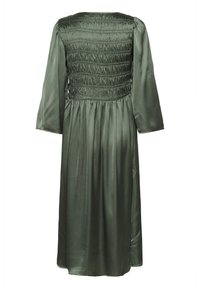 Green satin dress featuring a smocked bodice, long sleeves, and a flowing skirt, with a smooth texture and no visible embellishments.