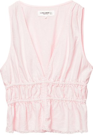 Roza bezrukavna majica s V-izrezom, sabranim pojasom i strganym rubom. Izrađena od lagane tkanine s glatkom teksturom.