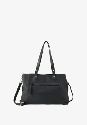 Bolso tote negro con doble asa en la parte superior y una correa de hombro desmontable. Exterior de cuero texturizado, bolsillo frontal con cremallera y acentos metálicos.