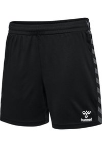 Zwarte atletische korte broek gemaakt van lichtgewicht stof, met een elastische tailleband en zijpanelen met een geometrisch patroon in grijs.