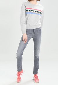 Felpa grigia con una striscia orizzontale rossa, blu e verde, abbinata a jeans grigi chiari e scarpe da ginnastica rosa con rifiniture bianche.