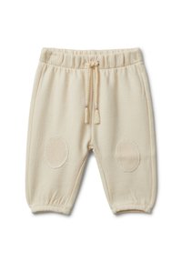 Beżowe bawełniane spodnie typu jogger z teksturowanym materiałem, elastycznym pasem i dzianinowymi naszywkami na kolanach. Zawierają regulowany sznurek.