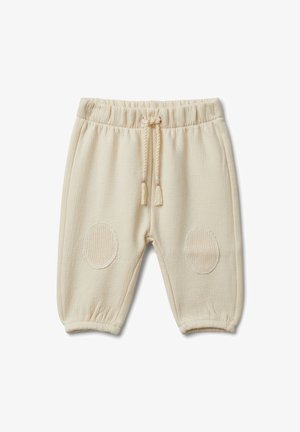 Pantaloni jogger in cotone beige con tessuto testurizzato, vita elastica e dettagli in maglia sulle ginocchia. Include un cordino regolabile.