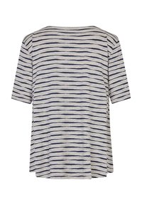 Camiseta a rayas en beige y azul marino, con manga corta, un escote amplio, un corte relajado y un tejido suave y texturizado.