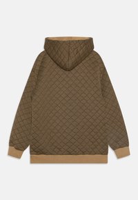 Sudadera con capucha marrón acolchada y un patrón de diamante texturizado. Cuenta con un capucho con cordón y un dobladillo y puños de color sólido. Tejido suave.