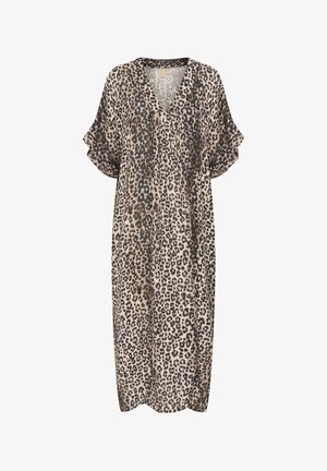 Abito con stampa leopardo caratterizzato da scollo a V, maniche corte a sbuffo e una silhouette ampia e fluida. Realizzato in tessuto leggero e morbido.