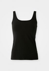 Svart ermeløs tank topp med rund hals, glatt stoff og tettsittende snitt, vist mot en plain hvit bakgrunn.