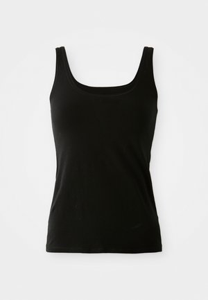 Schwarzes ärmelloses Tanktop mit runder Ausschnit, glatter Stoff und taillierte Passform, auf einem schlichten weißen Hintergrund präsentiert.