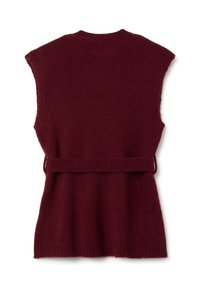 Burgunderfarbener ärmelloser Pullover aus weichem Strick mit einem Gürtel in der Taille und geripptem Saum. Verfügt über ein minimalistisches Design mit klassischem Rundhalsausschnitt.