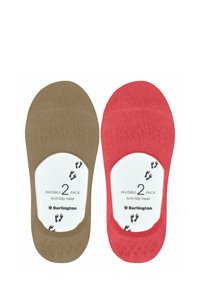 Twee-pak van onzichtbare sokken. Een paar in lichtbruin, het andere in roze, beide met anti-slip hiel en glad, rekbaar materiaal.