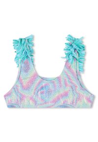 Bralette iridescente con un motivo ondulato multicolore, adornato con accenti frangiati turchesi sulle spalline.