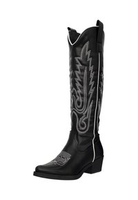 Botas de cowboy de cuero negro con punta afilada, costuras blancas y un diseño decorativo en zigzag en el caña. Tacón bajo apilado.