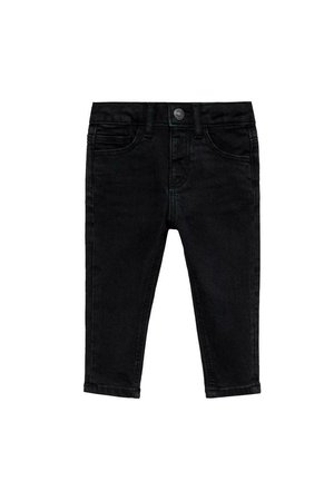 Black denim pants with a fitted design, featuring a button closure, front pockets, and a smooth texture. No visible patterns or accents.