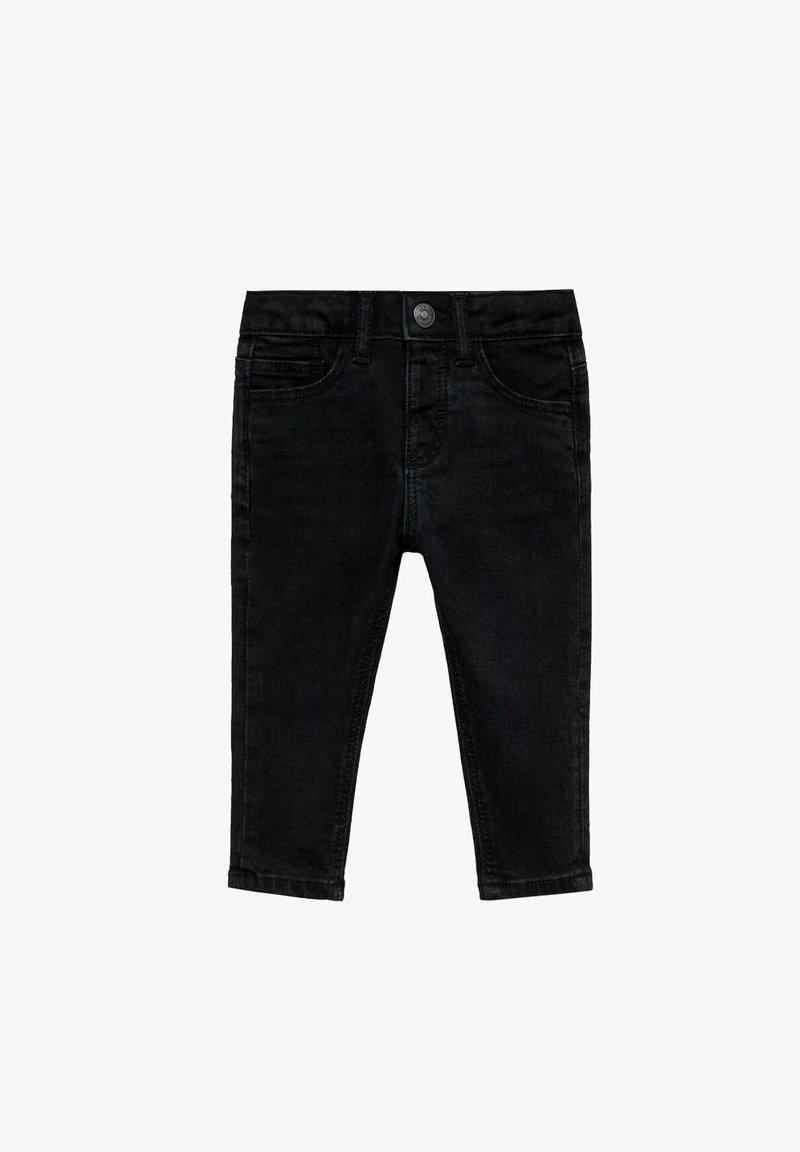 Pantaloni din denim negru cu un design ajustat, având închidere cu buton, buzunare frontale și o textură netedă. Fără modele sau accente vizibile.