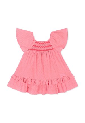 Robe rose pour tout-petit avec manches courtes volantées, corsage smocké avec couture décorative et ourlet à volants.