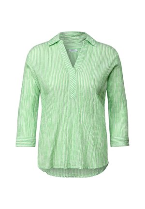 Blouse rayée verte avec des manches trois-quarts, dotée d'un col et d'un design texturé. Tissu léger avec une coupe décontractée.