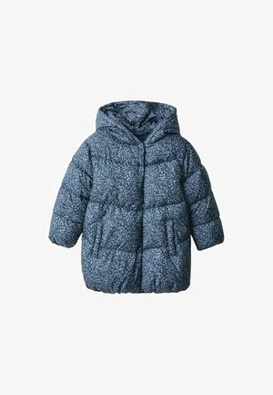 Puffermantel in Marineblau mit floralem Muster, ausgestattet mit einer Kapuze, langen Ärmeln und zwei vorderen Taschen. Gestepptes Material mit lockerer Passform.