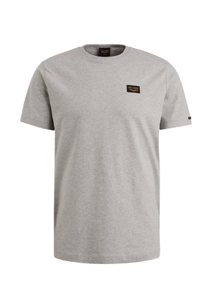 Grå bomulds t-shirt med rund hals og korte ærmer, der har et lille sort mærke på venstre bryst med brandtekst.