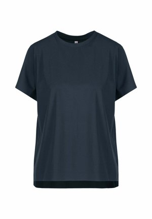 Navyblauw T-shirt met korte mouwen gemaakt van een gladde stof, met een ronde halslijn en een iets losse pasvorm. Vlakke zoom aan de onderkant.