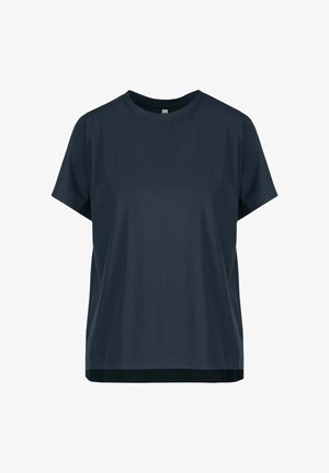 Navyblauw T-shirt met korte mouwen gemaakt van een gladde stof, met een ronde halslijn en een iets losse pasvorm. Vlakke zoom aan de onderkant.